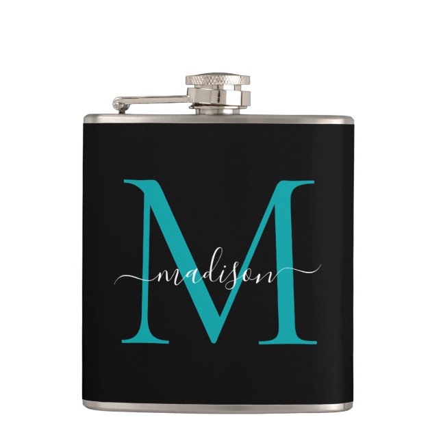 Modern Black Teal Green Monogram Girly Script Name Hip Flask (Front)