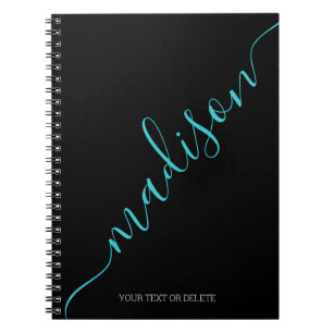 Modern Black Teal Handwritten Name Monogram Notebook