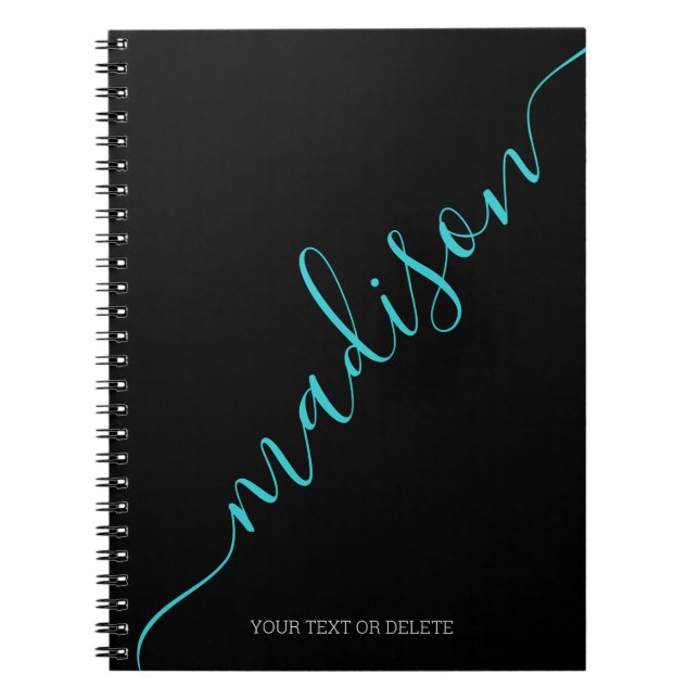 Modern Black Teal Handwritten Name Monogram Notebook (Front)