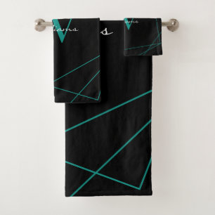 Modern Black Teal Monogram Geometric Name Script Bath Towel Set
