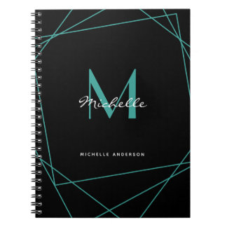 Modern Black Teal Monogram Name Initial Script Notebook