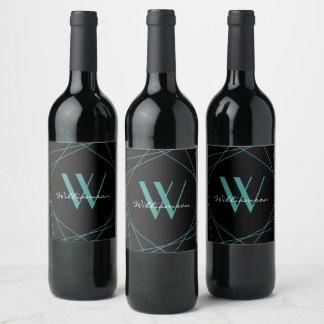 Modern Black Teal Monogram Name Script Geometric Wine Label