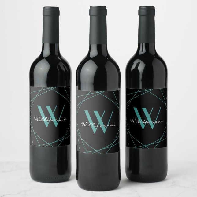 Modern Black Teal Monogram Name Script Geometric Wine Label (Bottles)