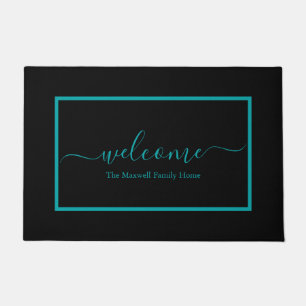 Modern black teal script family name welcome  doormat