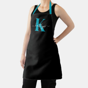 Modern Black Teal Script Monogram Apron