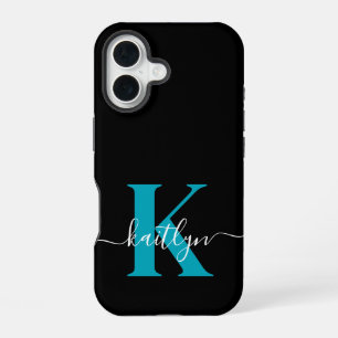 Modern Black Teal Script Monogram iPhone 16 Case