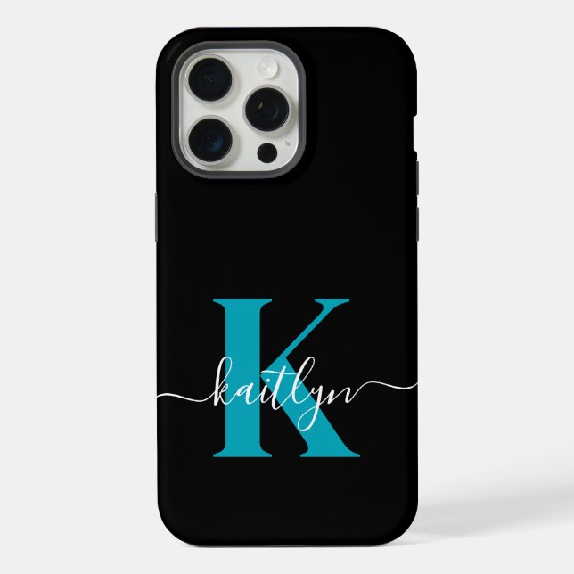 Modern Black Teal Script Monogram iPhone Case (Back)