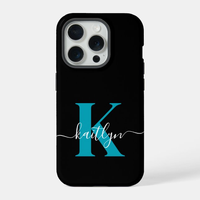 Modern Black Teal Script Monogram iPhone Case (Back)
