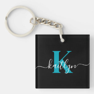 Modern Black Teal Script Monogram Key Ring
