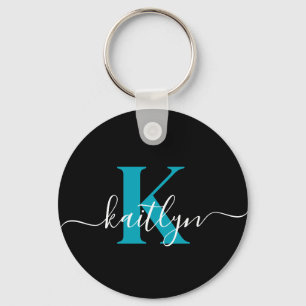 Modern Black Teal Script Monogram Key Ring