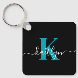 Modern Black Teal Script Monogram Key Ring