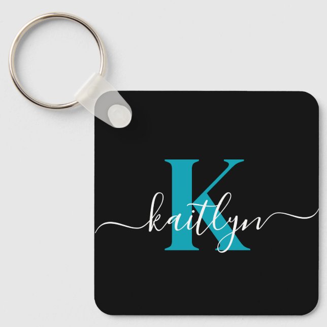 Modern Black Teal Script Monogram Key Ring (Front)