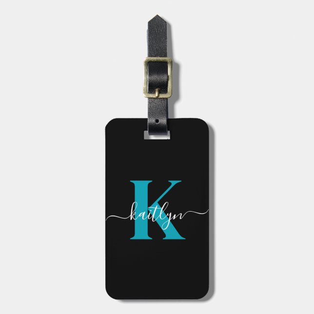 Modern Black Teal Script Monogram Luggage Tag (Front Vertical)