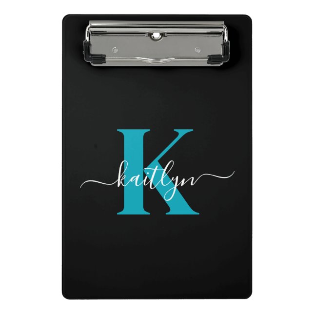 Modern Black Teal Script Monogram Mini Clipboard (Front)
