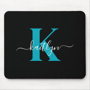 Modern Black Teal Script Monogram Mouse Mat