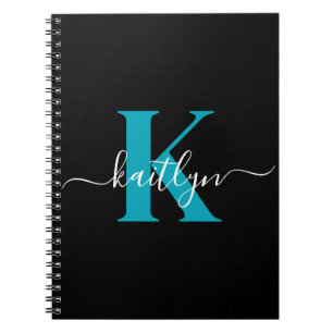 Modern Black Teal Script Monogram Notebook