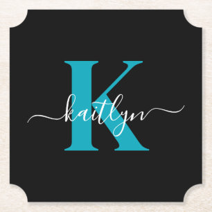 Modern Black Teal Script Monogram Paper Coaster
