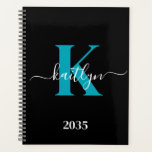 Modern Black Teal Script Monogram Planner<br><div class="desc">This simple, elegant black 8.5 x 11 soft planner with your first name in a trendy script font in white typed over your first initial in a modern cap font in teal is perfect for you. It's stylish and trendy and yet very classic. It will make keeping appointments, meetings, deadlines,...</div>
