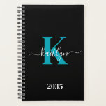 Modern Black Teal Script Monogram Planner<br><div class="desc">This simple, elegant black 5.5 x 8.5 soft planner with your first name in a trendy script font in white typed over your first initial in a modern cap font in teal is perfect for you. It's stylish and trendy and yet very classic. It will make keeping appointments, meetings, deadlines,...</div>