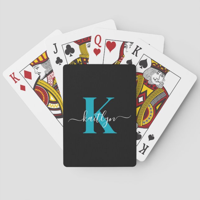 Modern Black Teal Script Monogram Playing Cards (Back)