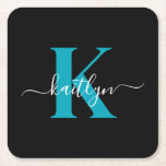 Modern Black Teal Script Monogram Square Paper Coaster<br><div class="desc">These simple, elegant black square paper coasters with your first name in a trendy script font in white typed over your first initial in a modern cap font in teal are perfect for keeping your tables and counters free from water rings. They absorb droplets so you don't have to worry...</div>
