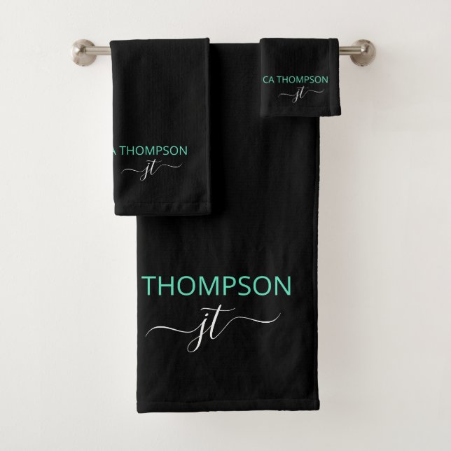 Modern Black Teal Simple Script Monogram Name Bath Towel Set (Insitu)