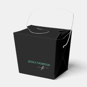 Modern Black Teal Simple Script Monogram Name Favour Box
