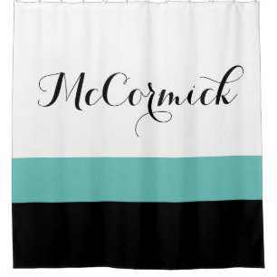 Modern Black Teal White Stripes Family Monogram Shower Curtain