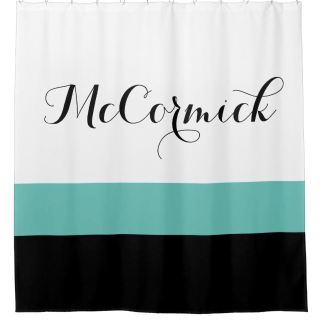 Modern Black Teal White Stripes Family Monogram Shower Curtain (Front)