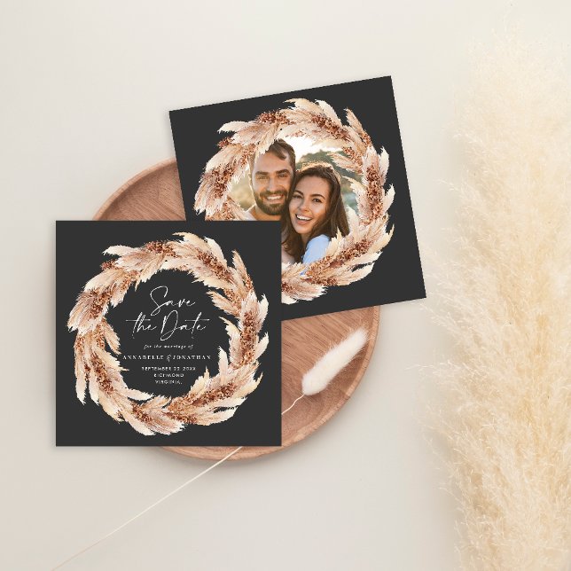 Modern black terracotta pampas grass wedding photo invitation (Creator Uploaded)