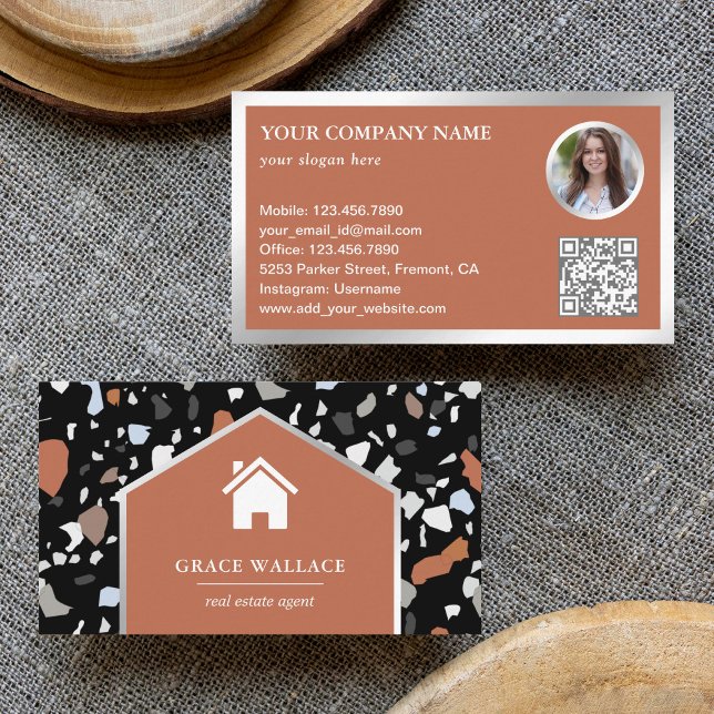Modern Black Terrazzo Real Estate Photo QR Code Business Card (Creator Uploaded)