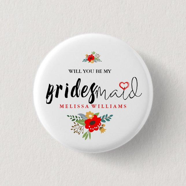 Modern Black Text Design Bridesmaid Red Heart 3 Cm Round Badge (Front)