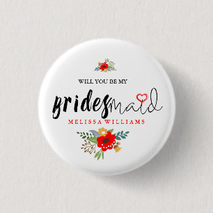 Modern Black Text Design Bridesmaid Red Heart 3 Cm Round Badge