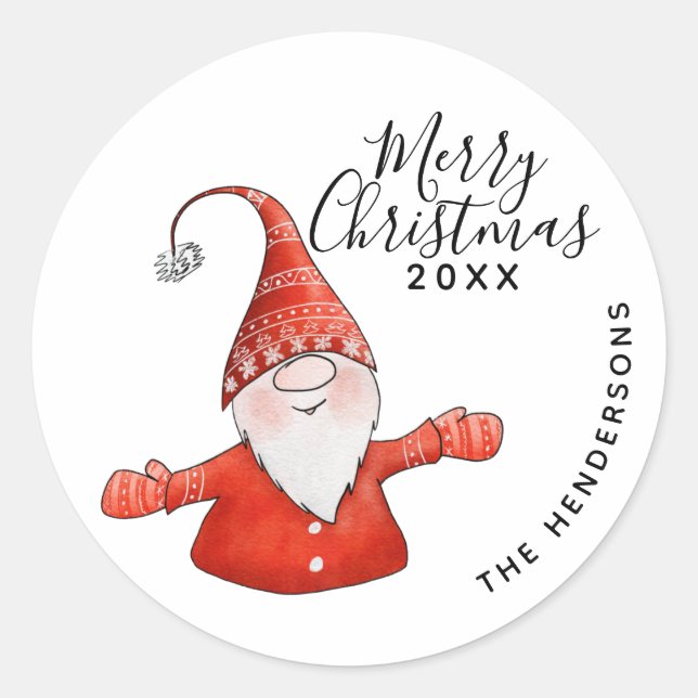 Modern Black Text Red White Gnome Merry Christmas Classic Round Sticker (Front)