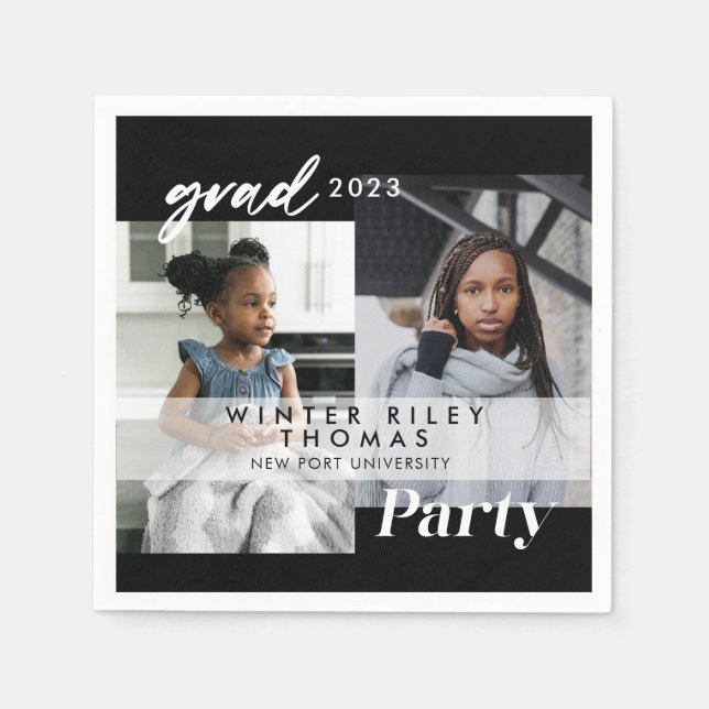 Modern Black Then & Now Two Photo Graduation Party Napkin (Front)