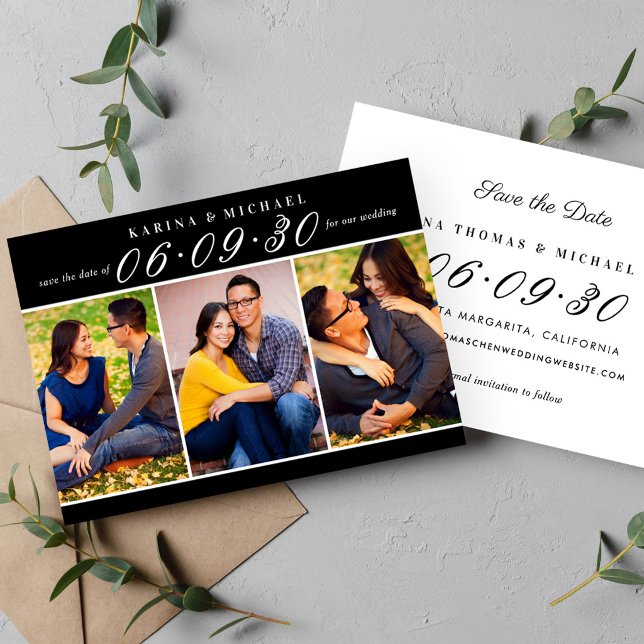Modern Black Three Photo Collage Wedding Save The Date (Creator Uploaded)
