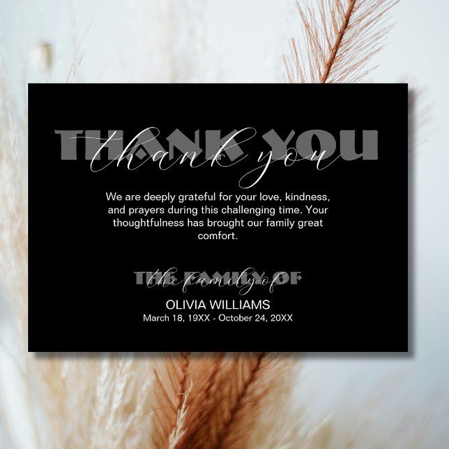 Modern Black Traditional Funeral Sympathy  Thank You Card (Creator Uploaded)