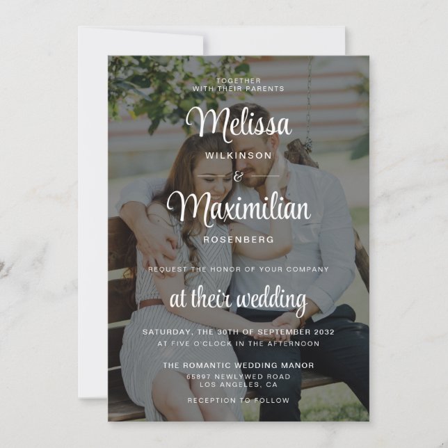 Modern black transparent photo simple wedding invitation (Front)