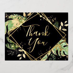 Modern Black Tropical Foliage Wedding Thank You Foil Invitation Postcard