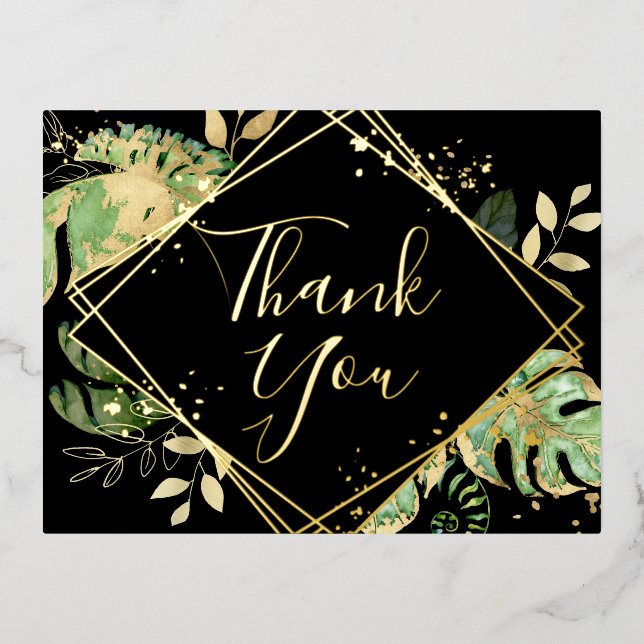 Modern Black Tropical Foliage Wedding Thank You Foil Invitation Postcard (Front)