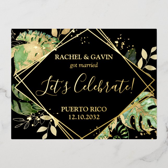 Modern Black Tropical Wedding Elopement Reception Foil Invitation Postcard (Front)