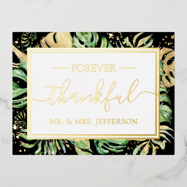 Modern Black Tropical Wedding Mr. & Mrs. Thank You Foil Invitation Postcard (Front)