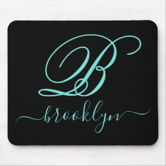Modern Black Turquoise Handwritten Monogrammed Mouse Mat