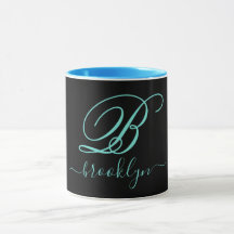 Modern Black Turquoise Handwritten Monogrammed