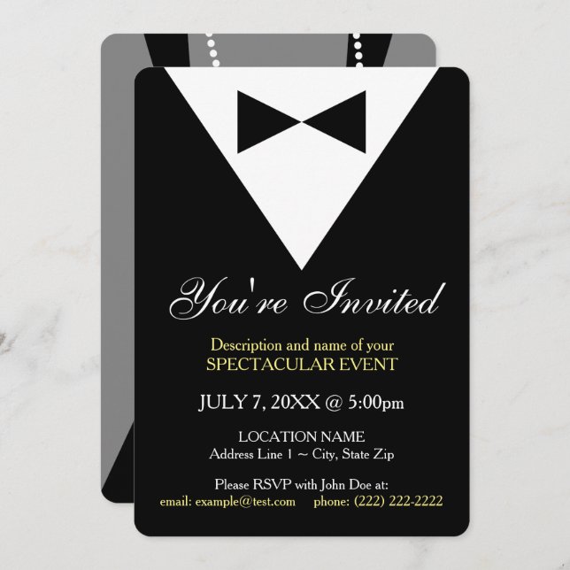 Modern Black Tux Formal Invitation, Minimal Design Invitation (Front/Back)