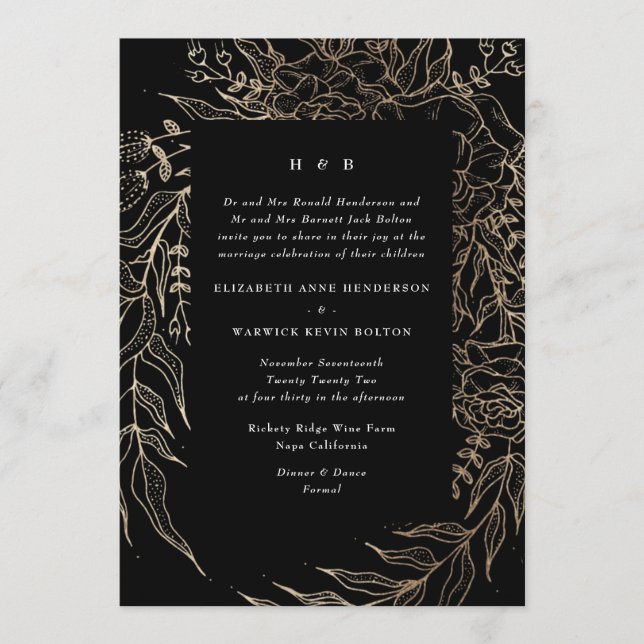 Modern Black Tuxedo Golden Pampas Monogram Wreath Invitation (Front)