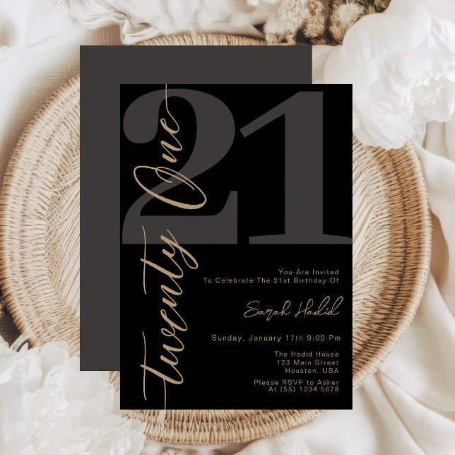 Modern Black Twenty One 21st Birthday Invitation (Creator Uploaded)