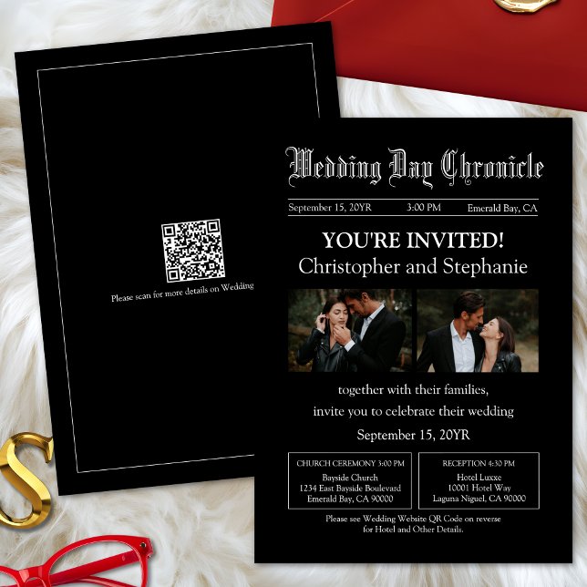Modern Black Two Photo QR Code Newspaper Wedding Invitation (Personalized Classic Newspaper Style QR Code Black Wedding Invitation)