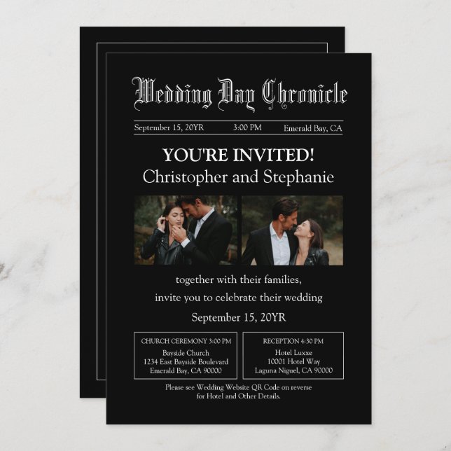 Modern Black Two Photo QR Code Newspaper Wedding Invitation (Front/Back)