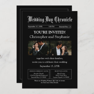 Modern Black Two Photo QR Code Newspaper Wedding Invitation